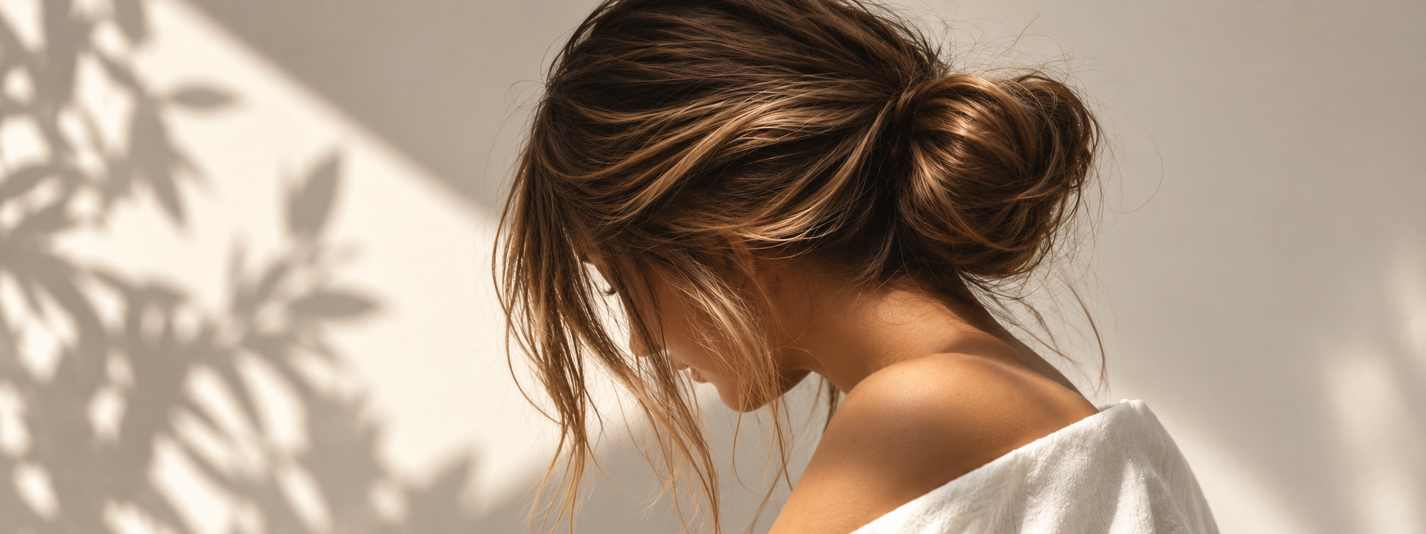 Chignon souple aux reflets bruns, dans une lumière naturelle et chaleureuse